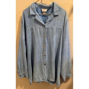 ELCC Women Long Sleeve Button Up Blue Shirt Blouse Faux Suede Flowy Sz 3x